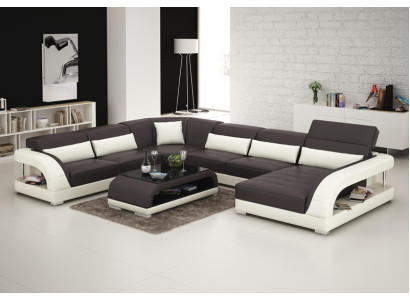 Conjunto de muebles de salón esquinero con sofá y puerto USB, tapizado en cuero.