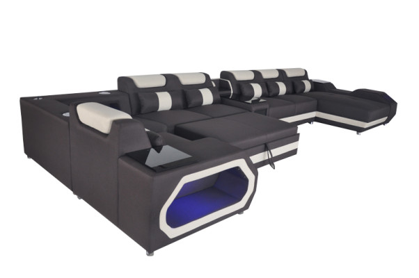 Diseño XXL moderno de sofá de esquina acolchado de cuero con cama, USB y LED.