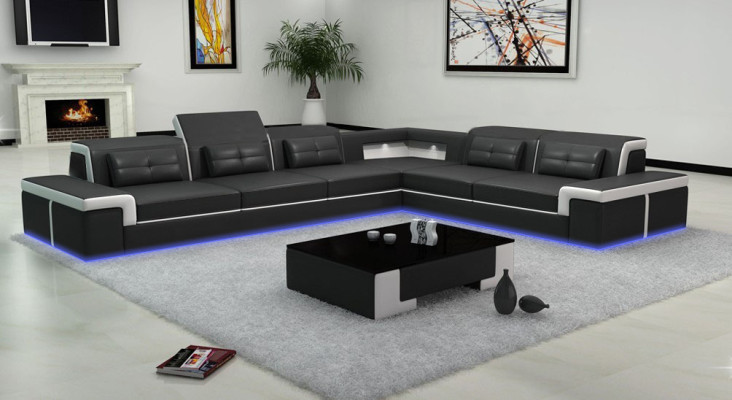 Sofá esquinero tapizado, diseño de sala de estar, sofá esquinero en forma de L, sofá de esquina con puerto USB + LED.