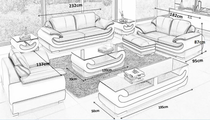 Clásico juego completo de sofá de cuero de 8 piezas. Set de salón de mesa y taburete.