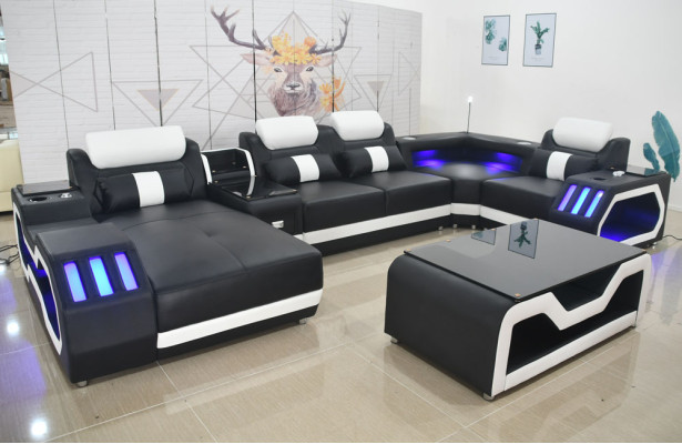 Sofá de cuero + mesa de café, tapizado de cuero diseño sofá esquinero salón sofá.