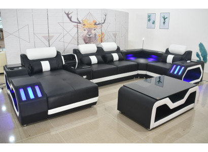 Sofá de cuero + mesa de café, tapizado de cuero diseño sofá esquinero salón sofá.