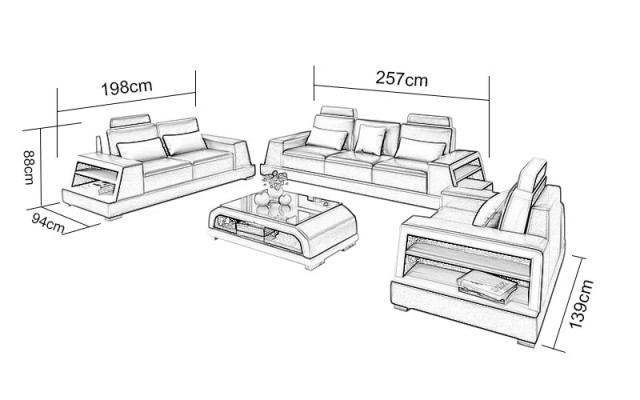 Diseño Sofá Conjunto de sofá 3 plazas Mesa de centro Juego de muebles de cuero Grupo de 4 piezas
