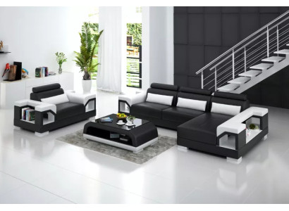 Sofá de esquina en forma de L Sillón Mesa de centro Sofá moderno Sofá de cuero Sofá de esquina Tapizado Set de 4 piezas