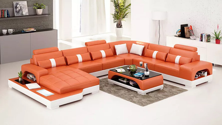 Moderno sofá esquinero en forma de U, mesa de centro, sofá de cuero esquinero, tapizado en naranja de lujo.
