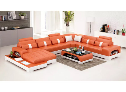 Moderno sofá esquinero en forma de U, mesa de centro, sofá de cuero esquinero, tapizado en naranja de lujo.