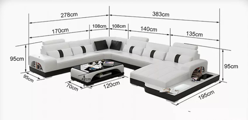 Moderno sofá esquinero en forma de U, mesa de centro, sofá de cuero esquinero, tapizado en naranja de lujo.