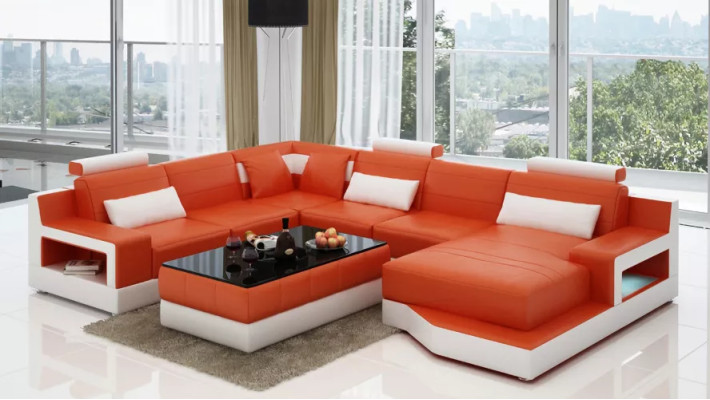 Sofá de cuero, sofá en forma de U, sofá de diseño de salón moderno, mesa de centro.
