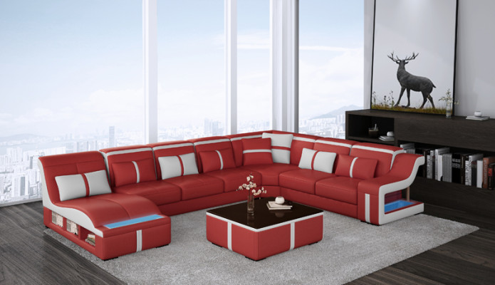 Sofá de cuero sofá de esquina de diseño moderno, conjunto de muebles en forma de U con USB nuevo