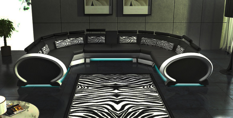 Sofá de esquina de cuero de diseñador moderno en forma de U con cojines de asiento + USB.