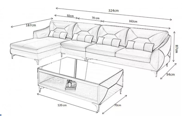 Sofá de esquina acolchado Sofá en forma de L moderna mesa de centro sofá conjunto de salón 2 piezas nuevo