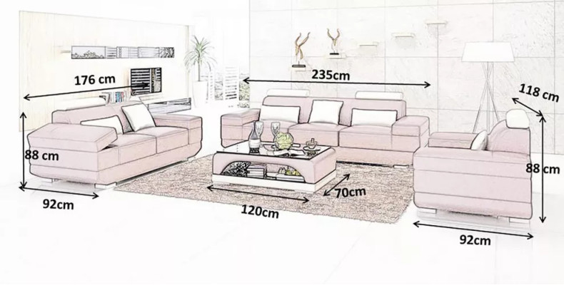 Diseño de sofá de 3 plazas con mesa auxiliar de cuero en grupo de 4 piezas.