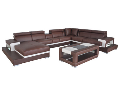 Diseño de cuero acolchado Sala de estar Sofá de esquina Sofá de diseñador Conjunto de salón + Mesa