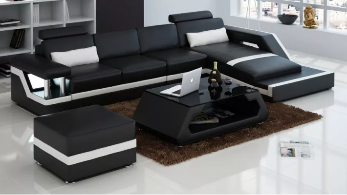 Sofá de cuero sofá de esquina en forma de L mesa de centro taburete moderno conjunto de sofás de 3 piezas nuevo