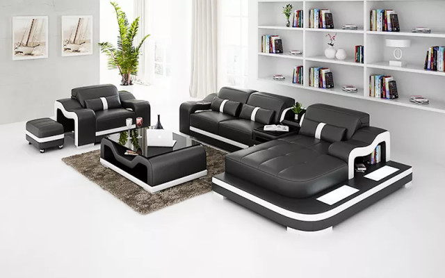 Sofá de diseñador en forma de L, sofá esquinero, cojines de asiento, tapicería, sofá de cuero para sala de estar.