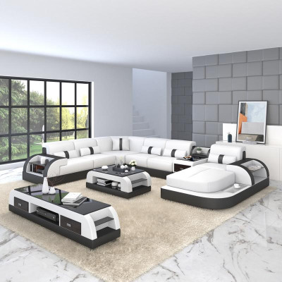 Lujo conjunto de sofás tapizados en forma de U con sofá rinconera esquinero, sofá grande XXL + USB.