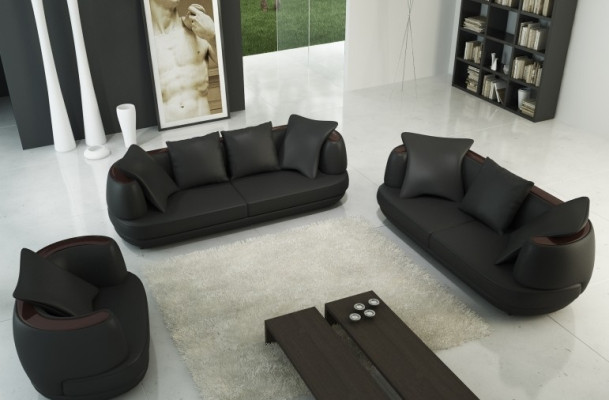 Sofá de cuero tapizado de sofá conjunto de sofá 3+2+1 Sofá clásico Real Negro.