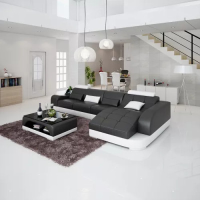 Sofá de esquina en forma de L, sofá moderno de cuero, sofá de esquina acolchado para sala de estar