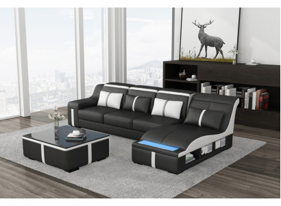 Diseño de sofá esquinero con USB LED + mesa acolchada de esquina de cuero Conjunto de sala de estar