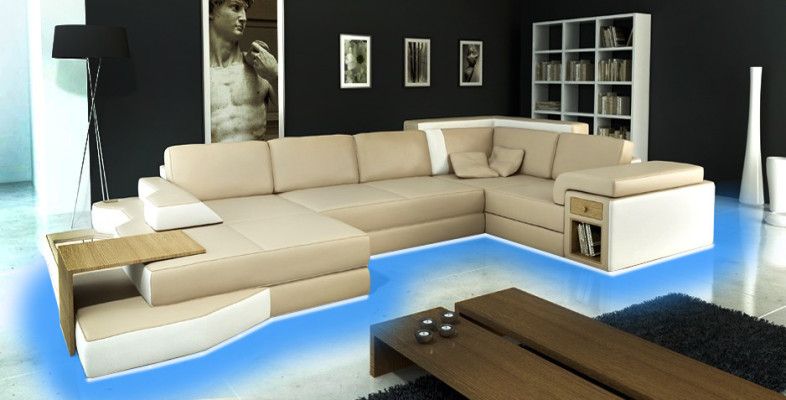 XXL diseño sofá de esquina gran sofá con USB paisaje de sala en forma de U cuero textil esquina.