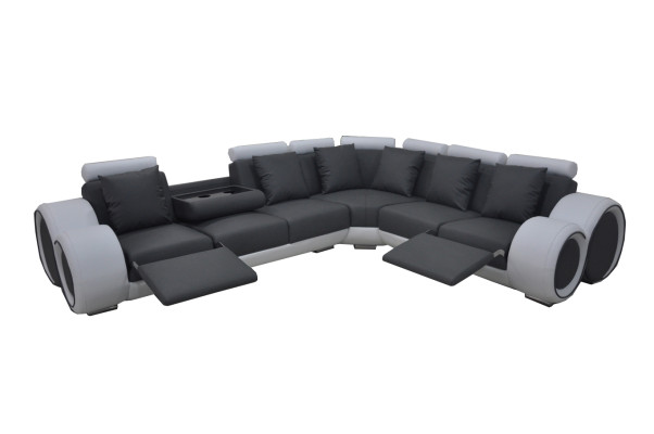 Diseño de sofá de cuero con cojines XXL en una sala con puerto USB. Nuevo juego de esquina de sofás de diseño.