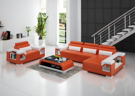 Sofá de cuero con chaise longue + sillón en forma de L, conjunto de esquina, diseño moderno.