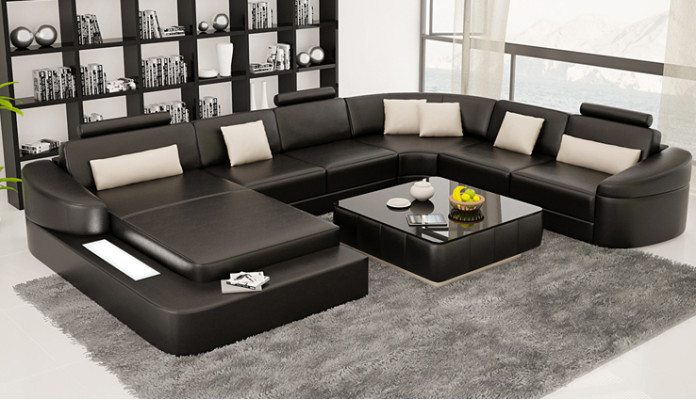 Conjunto de sofá de esquina tapizado de diseñador en cuero, gran sofá Kelcher.