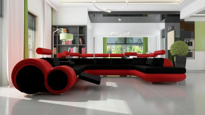 XXL Gran Sofá Diseñador Combinación Tapizada Sala de Estar Sofá de Cuero con USB