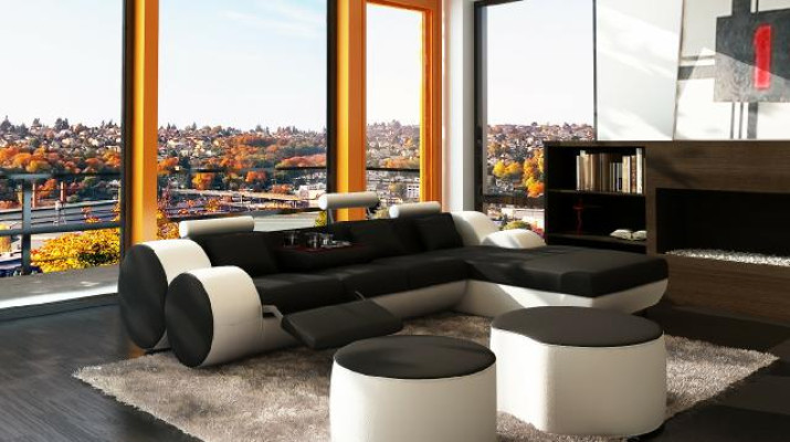 Sofá de esquina de cuero de diseñador Salón de cuero + conjunto de muebles de cuero con USB Madrid