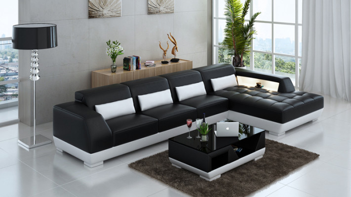 Sofá de esquina de cuero + conjunto USB de sillones en forma de L para salón sofá G8024C.