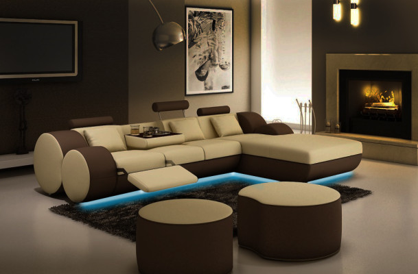 SOFÁ DE CUERO DE DISEÑADOR CON USB, SOFÁ DE ESQUINA DE CUERO CON COJINES DE ASIENTO DE CUERO