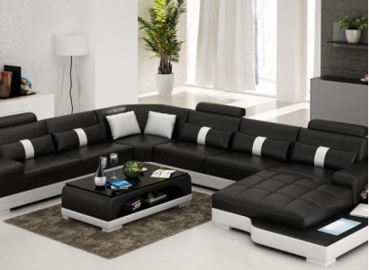 Sofá modular en forma de U de cuero con esquina acolchada, conjunto de muebles de esquina con USB.
