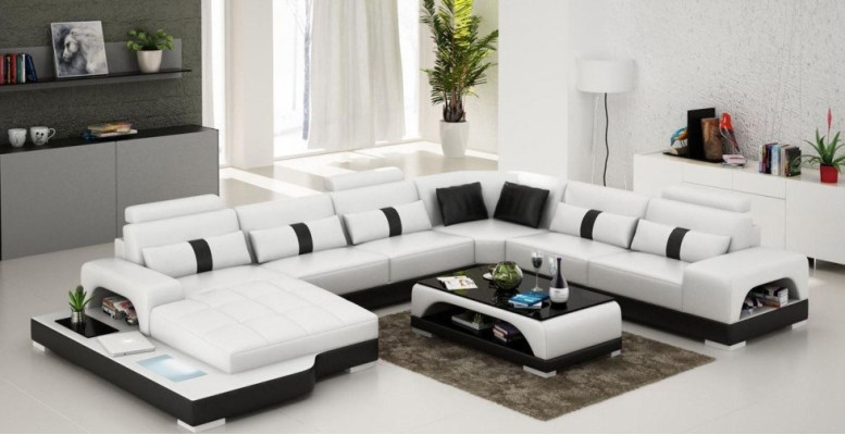 Sofá de esquina en forma de U de cuero con luces LED y USB, sofá grande XXL de sala de estar con tapicería.