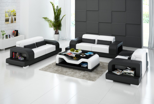 Sofá de cuero sofá paisaje urbano 3+2+1 juegos de sillones Diseño de sofá moderno con USB