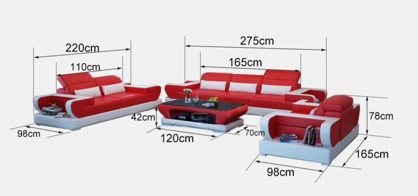 Sofá de tres piezas, sofá de dos piezas y sillón tapizados en cuero. Conjunto de sofá moderno Detmold.