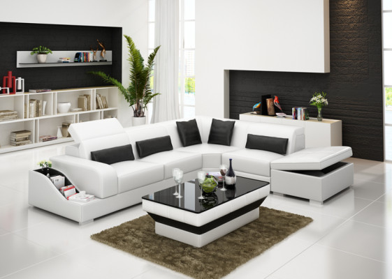 Sofá de cuero con USB, sofá de esquina del salón, esquina del sofá, conjunto de esquinas, diseño de sofá moderno G8008D.