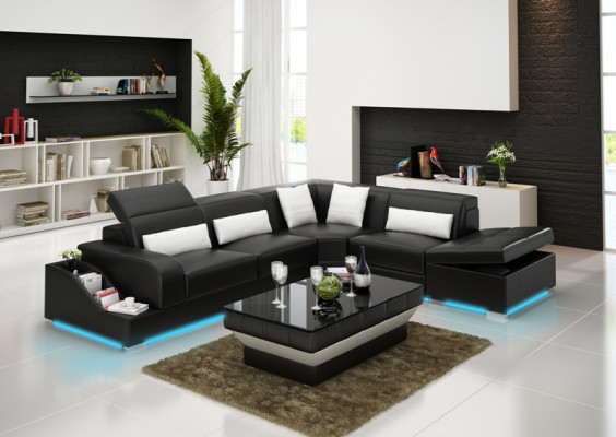 Sofá de cuero con USB, sofá de esquina del salón, esquina del sofá, conjunto de esquinas, diseño de sofá moderno G8008D.