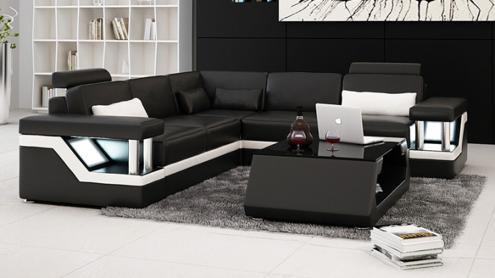 Sofá de cuero con USB, salón en forma de esquina, sofá esquinero, conjunto de sofás, sofá de diseño L6002B.