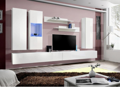 Conjunto de muebles de salón de madera blancos con soporte para TV, diseño moderno con estantes de pared.