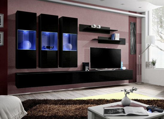 Conjunto de salón de 7 piezas muebles de madera 2 soportes de TV Estantes de pared modernos Negro