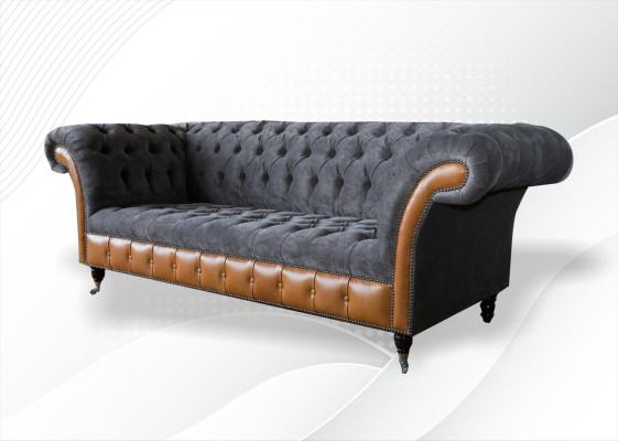 Sofá Chesterfield de tela gris de 3 plazas en tela gris.