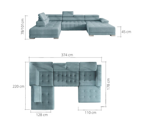 Sofá de esquina en forma de U, sofá de diseño en tela con función de cama, sofá cama para dormir.