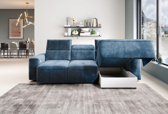 Sofá esquinero multifuncional gris en forma de L, diseño de sofá, sofá tapizado textil moderno.