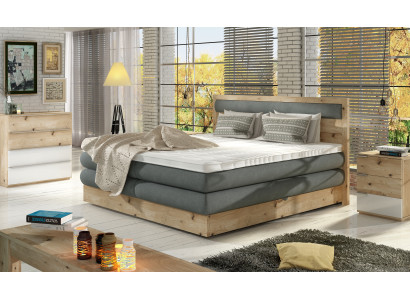 Cama de lujo con somier de láminas de madera de roble, diseño tapizado de cuero real de estilo rural.