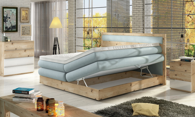 Cama de lujo con somier de láminas de madera de roble, diseño tapizado de cuero real de estilo rural.
