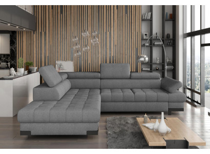 Sofá en forma de L de color gris, sofá acolchado esquinero, diseño de sala de estar, sofá de esquina textil de cuero.