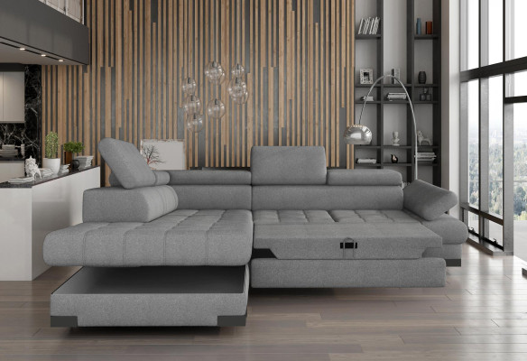 Sofá en forma de L de color gris, sofá acolchado esquinero, diseño de sala de estar, sofá de esquina textil de cuero.