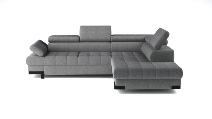Sofá en forma de L de color gris, sofá acolchado esquinero, diseño de sala de estar, sofá de esquina textil de cuero.