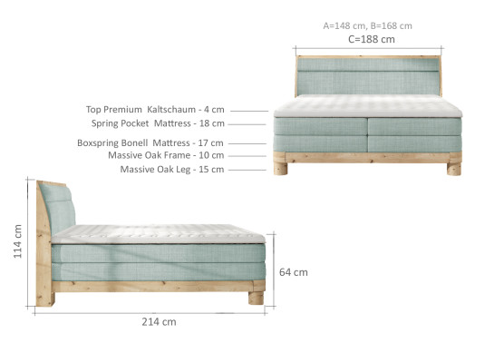 Cama de madera de roble auténtico, camas box spring macizas dobles de diseño tapizado.