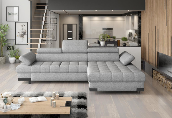 Diseño de sofá esquinero en forma de L con función cama, de cuero y tela, sofá multifuncional.